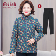 俞兆林（YUZHAOLIN）媽媽裝冬季棉服女新款棉麻小棉襖中老年大碼女裝碎花棉衣保暖外套 藍色+黑色加絨褲 2XL (參考105-120斤)