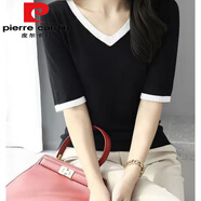 皮爾卡丹大尺碼女裝針織冰絲短袖t恤別致上衣女胖m妹新款寬松版 黑色今年流行的輕奢品牌 L 95-120斤