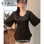 蒙森圖v領(lǐng)正肩短袖t恤女大碼胖mm夏季V領(lǐng)辣妹掐腰五分袖休閑T恤巨遮肉顯 黑色 2XL 建議140~160斤