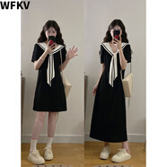 WFKV大碼女裝夏季韓系海軍領(lǐng)學(xué)院風(fēng)短袖連衣裙胖MM寬松顯瘦氣質(zhì)裙子 長(cháng)款裙 2XL 【130-150斤】