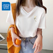 真維斯（JEANSWEST）v領(lǐng)t恤女2025夏季新款純棉短袖女韓版潮流小個(gè)子寬松正肩短袖上衣 白色 花瓣小白兔_K L
