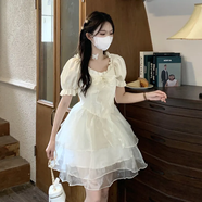 菲尼東爵（FNAADOOG）法式收拼接蓬蓬連衣裙2022春季新款赫本風(fēng)拼接短裙拼接黑色小黑裙 白杏色 S