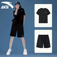 安踏（ANTA）運(yùn)動(dòng)套裝女冰絲速干T恤短褲女士夏季薄短袖跑步健身運(yùn)動(dòng)服體考女 黑色-速干套裝 M