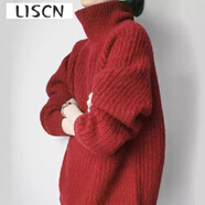 LISCN克萊因藍(lán)高領(lǐng)套頭粗棒針軟糯毛衣2025秋冬新款外套慵懶寬松上衣女 紅色 S