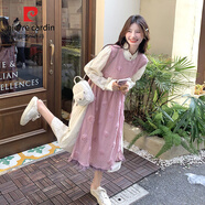 皮爾卡丹粉色疊穿連衣裙套裝女秋天2024新款法式顯瘦設計感罩衫長(cháng)裙兩件套 粉白兩件套 M （105-120斤）