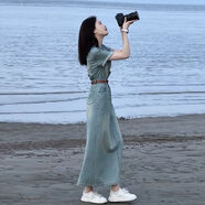 DWRW牛仔裙連衣裙女2025夏季新款港風(fēng)長裙質(zhì)感高級感港味復(fù)古chic裙子 [做舊藍(lán)] XL