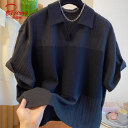 北極絨（Bejirog）胖mm加大碼300斤拼接V領(lǐng)POLO衫上衣女短袖顯瘦百搭翻領(lǐng)T恤夏季 黑色R760 XL 120-150斤