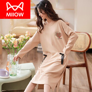 貓人（MiiOW）睡裙女春秋純棉長袖新款全棉連體睡衣寬松家居服連衣裙 淺棕色 BY 6204 L 【建議100-120斤】