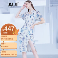 AUI連衣裙女夏2023新款改良版旗袍復古風(fēng)名媛氣質(zhì)不規則雪紡碎花裙 花色 XL