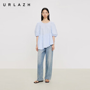 URLAZH商城同款2025夏季新款不規則裙擺花苞袖休閑寬松圓領(lǐng)上衣女 粉藍 S