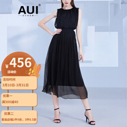 AUI雪紡連衣裙薄款2023女夏新款歐洲站設(shè)計(jì)感氣質(zhì)小眾黑色大擺裙 黑色 S