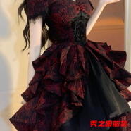 哥特ita黑紅提花波浪連衣裙洛麗塔重工輕奢一字肩蓬蓬公主裙女 黑紅連衣裙 M