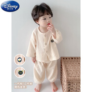 迪士尼（Disney）韓國寶寶家居服春秋棉薄款棉麻套裝夏季兒童睡衣男女孩網(wǎng)紅小童 醇香奶白 褲子不開(kāi)襠 120