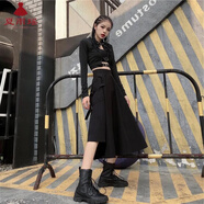 夏雨瑤不規則半身裙女春夏新款ins原宿風(fēng)高腰A字長(cháng)裙復古顯瘦工裝裙 不規則黑色裙 M 建議95-105斤