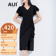 AUI 雪紡連衣裙女2024夏季新款黑色氣質(zhì)v領(lǐng)荷葉邊開(kāi)叉收腰顯瘦包臀裙 黑色 M
