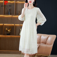 皮爾卡丹（pierre cardin）高端品牌真絲連衣裙女2025夏季新款寬松減齡顯瘦刺繡100%桑蠶絲裙 米白 L (111-125斤)