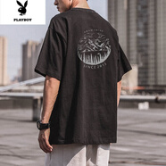 花花公子男士T恤2022新款日系復(fù)古百搭潮牌半袖上衣服夏季體恤衫 508 黑色 M 【建議90-105斤】
