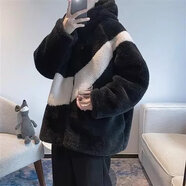 尹振天青少年裝寬松羊羔毛絨絨帶帽外套潮男加厚大冬季棉服黑色冬天衣服 黑色加厚款 XL