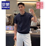 羅蒙（ROMON）美拉德咖色棉麻紋理感針織polo衫男夏季成熟穩(wěn)重收腰正肩短袖t恤 寶藍色 3XL