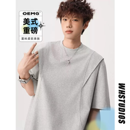OEMG 美式活頁(yè)設計感短袖t恤男女夏季解構風(fēng)潮牌情侶五分袖上衣體恤衫 淺灰色 XL [建議120-135斤]