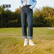 森馬（Semir）森柔牛仔|牛仔褲女毛邊小直筒褲2024冬季抓毛九分褲109724124004