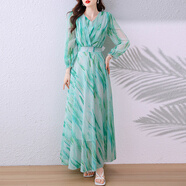 鳶諾2025新款女裝夏季歐美高個子雪紡到腳踝氣質(zhì)超長款拖地長裙連衣裙 圖片色 XL 建議110-120斤