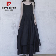 皮爾卡丹（PIERRE CARDIN）棉麻吊帶連衣裙夏季復(fù)古文藝超長款沙灘裙氣質(zhì)吊帶長裙寬松森女系 黑色 L 112-120