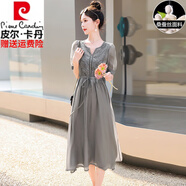 皮爾卡丹高檔桑蠶絲小個子真絲連衣裙女夏季2025年新款杭州高端桑 灰色 XL