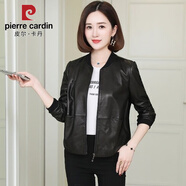 皮爾卡丹（pierre cardin）女士皮衣外套2025春秋新款韓版寬松棒球服皮夾克短款小個(gè)子 黑色有里布 L 建議100-110斤