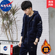 NASA BASE 潮人衛(wèi)衣男潮流衣服男士秋冬情侶衛(wèi)衣冬季金絲絨加絨加厚衛(wèi)衣套 藍(lán)色 L L (110-130斤)
