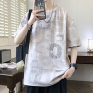 質(zhì)獅衣頻美式短袖t恤男夏季潮流寬松大碼印花重磅復(fù)古重磅重磅體恤衫 卡其 6XL 210-230斤