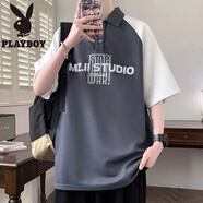 花花公子（PLAYBOY）翻領(lǐng)短袖t恤男夏季撞色拼接半袖男士polo衫青少年字母印花上衣服T D3337深灰 M 約90~115斤可穿