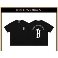 BONELESSBONEESS背后圓弧ogo重磅復(fù)古夏季短袖寬松百搭男女情侶體恤短袖半 黑色 M