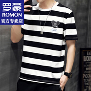 羅蒙（ROMON）圓領(lǐng)短袖t恤男士夏季短袖男打底衫條紋半袖寬袖休閑上衣服男裝 1808黑色 3XL (約165-185斤可穿)