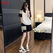 FSHE2025新款小個子寬松顯瘦遮肉休閑時尚短袖短褲運動套裝女秋裝 白色上衣+黑色短褲:【套裝】 L :【建議105-120斤】