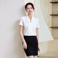 安依蓮襯衫女長(cháng)袖春夏季雪紡上衣休閑白領(lǐng)職業(yè)裝v領(lǐng)經(jīng)理正裝白色襯衣 GS895白色短+黑色短裙 S