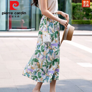 皮爾卡丹（pierre cardin）絲滑垂感半身裙清爽印花雪紡半身裙中長款夏季后開叉A字裙子松緊 綠色 S 90-105斤