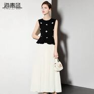 海青藍高級感復古收腰小香風(fēng)釘珠立體花朵無(wú)袖背心上衣高腰半身裙兩件套 黑色 L