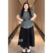 兔嵐短袖牛仔襯衫女時(shí)尚感收腰外套獨特大碼法式復古polo領(lǐng)女夏季胖mm 牛仔上衣 +腰帶 3XL （建議160~180斤