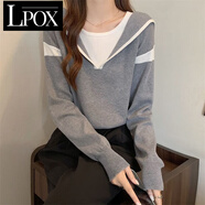 LPOX淑女風(fēng)上衣秋冬季新款設(shè)計(jì)感寬松運(yùn)動(dòng)休閑長(zhǎng)袖針織連帽衛(wèi)衣女 灰色  S 建議70-80斤]