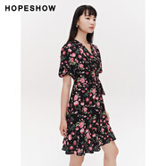 紅袖（hopeshow）紅袖HOPESHOW碎花裙春季女裝淑女收腰茶歇裙89124091613 黑底粉花 M