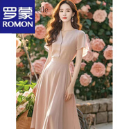羅蒙（ROMON）法式連衣裙女夏季新款漂亮收腰顯瘦純色仙氣溫柔風(fēng)雪紡裙子女夏天 粉色 M