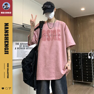楠笙記潮牌麂皮絨短袖男夏季重磅印花字母高街ins半袖休閑寬松圓領(lǐng)t學(xué)生 藕粉色 4XL