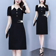 薇洛萱法式Polo領(lǐng)連衣裙女裝2025夏季新款時(shí)尚拼接收腰顯瘦中長(cháng)款裙子 黑色 2XL 建議125-134斤
