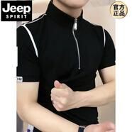 JEEP SPIRIT歐洲站潮男士短袖立領(lǐng)拉鏈正肩織帶Polo衫輕奢夏裝薄荷曼波新款 黑色 XL 建議125-145斤