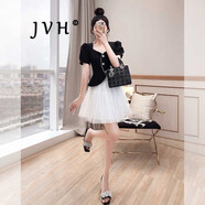 JVH香港潮牌西裝網(wǎng)紗裙套裝女 2025夏季新款短款修身上衣半身短裙子 黑色短袖＋白色蓬蓬裙 M