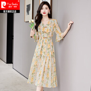 皮爾卡丹針新中式碎花連衣裙女夏季2025年新款盤扣v領(lǐng)喇叭袖收腰雪紡裙織 綠色 L