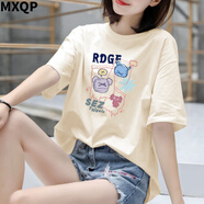 MXQP純棉短袖T恤女2025夏季寬松卡通慵懶風(fēng)顯瘦印花打底衫上衣服女裝 杏色【SEZ怪獸-前大花】 L 【110-130斤】