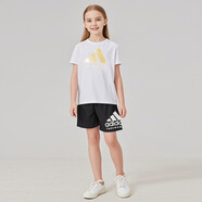 阿迪達(dá)斯 （adidas）兒童短袖T恤短褲套裝  白/金+黑短褲  140 