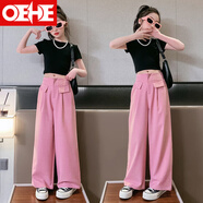 OEHE女童套裝夏款兩件套純色長(zhǎng)褲清爽中大童女孩時(shí)尚夏季兒童衣服 西裝褲粉色套裝 160 cm